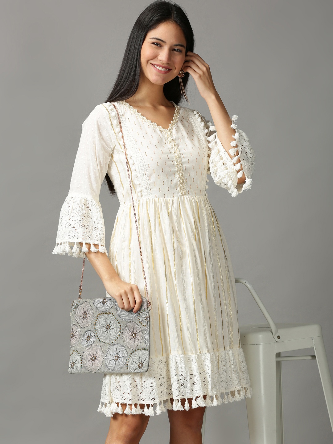 

SHOWOFF Off White Embroidered Cotton Crepe Ethnic Dress