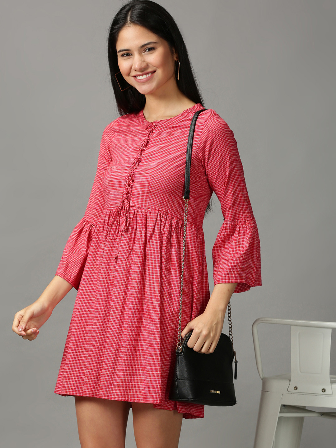 

SHOWOFF Embellished Bell Sleeves Ethnic Cotton Dress, Red