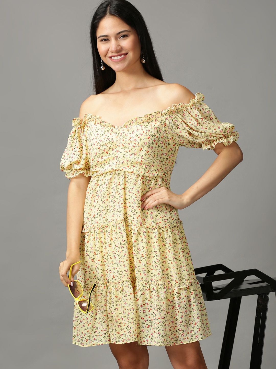 

SHOWOFF Yellow Floral Off-Shoulder Ethnic Dress