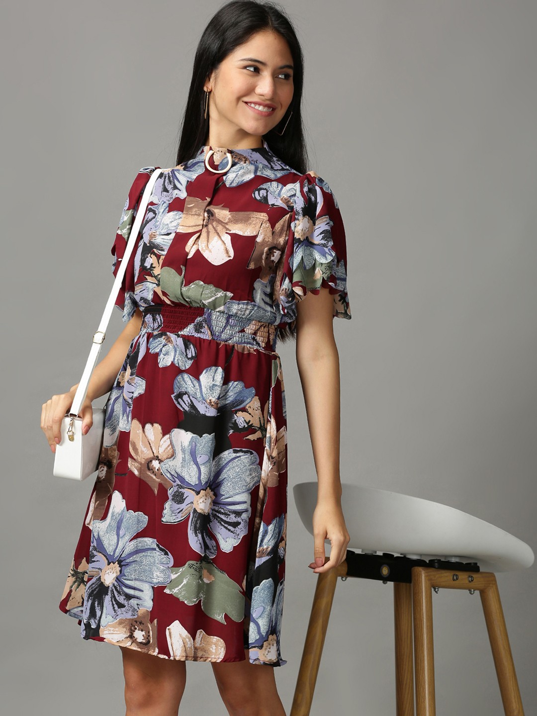 

SHOWOFF Maroon Floral Chiffon Ethnic A-Line Dress