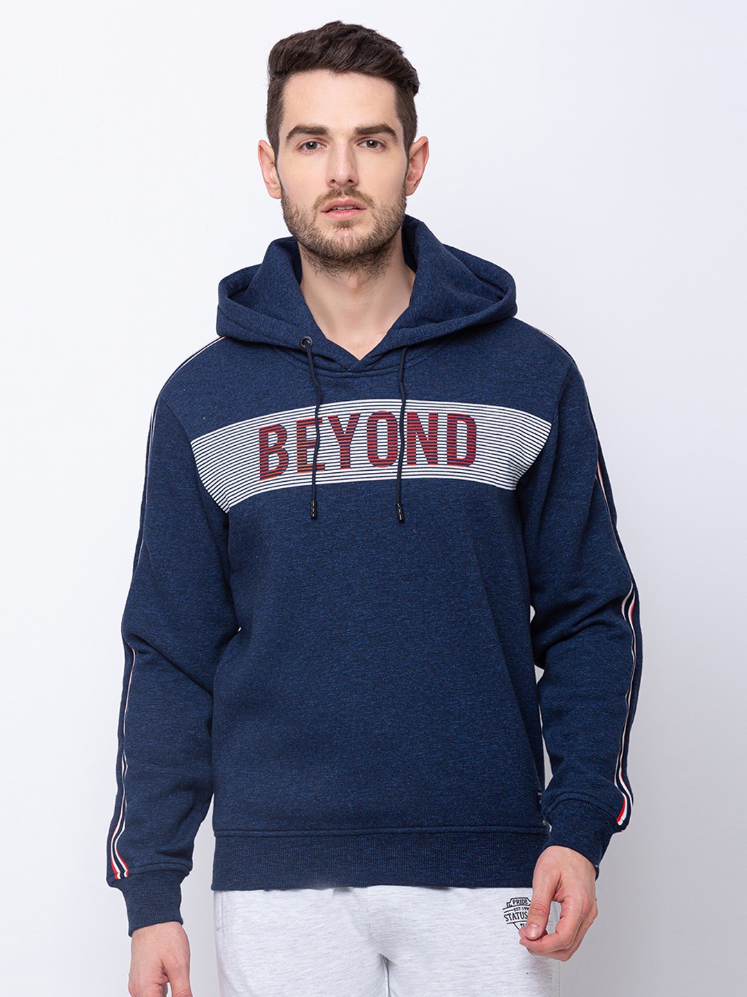 

Status Quo Men Plus Size Blue Printed Hooded Cotton Sweatshirt