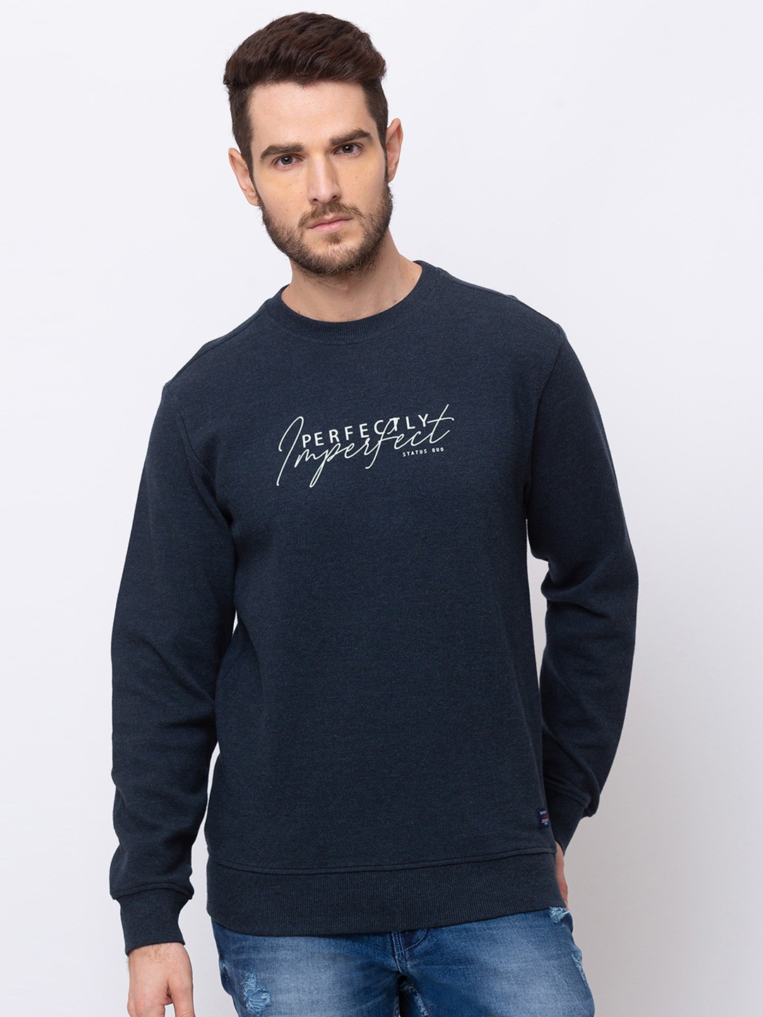 

Status Quo Men Plus Size Navy Blue Printed Cotton Sweatshirt