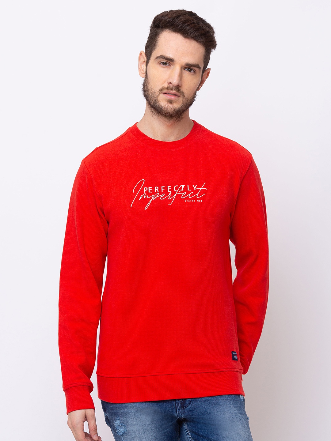

Status Quo Men Plus Size Orange Printed Cotton Sweatshirt