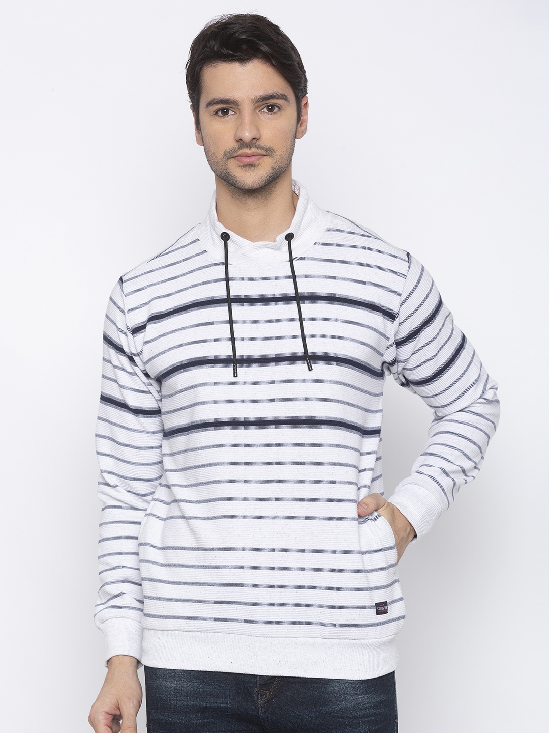 

Status Quo Men White Striped Cotton Sweatshirt