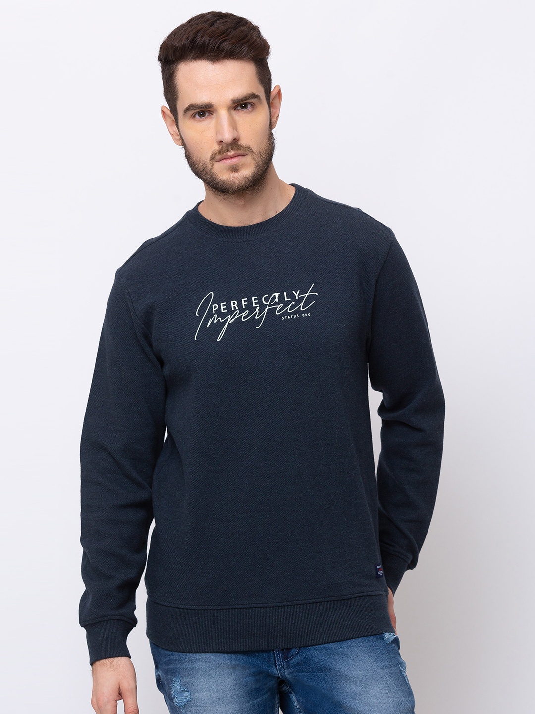 

Status Quo Men Navy Blue Printed Cotton Sweatshirt