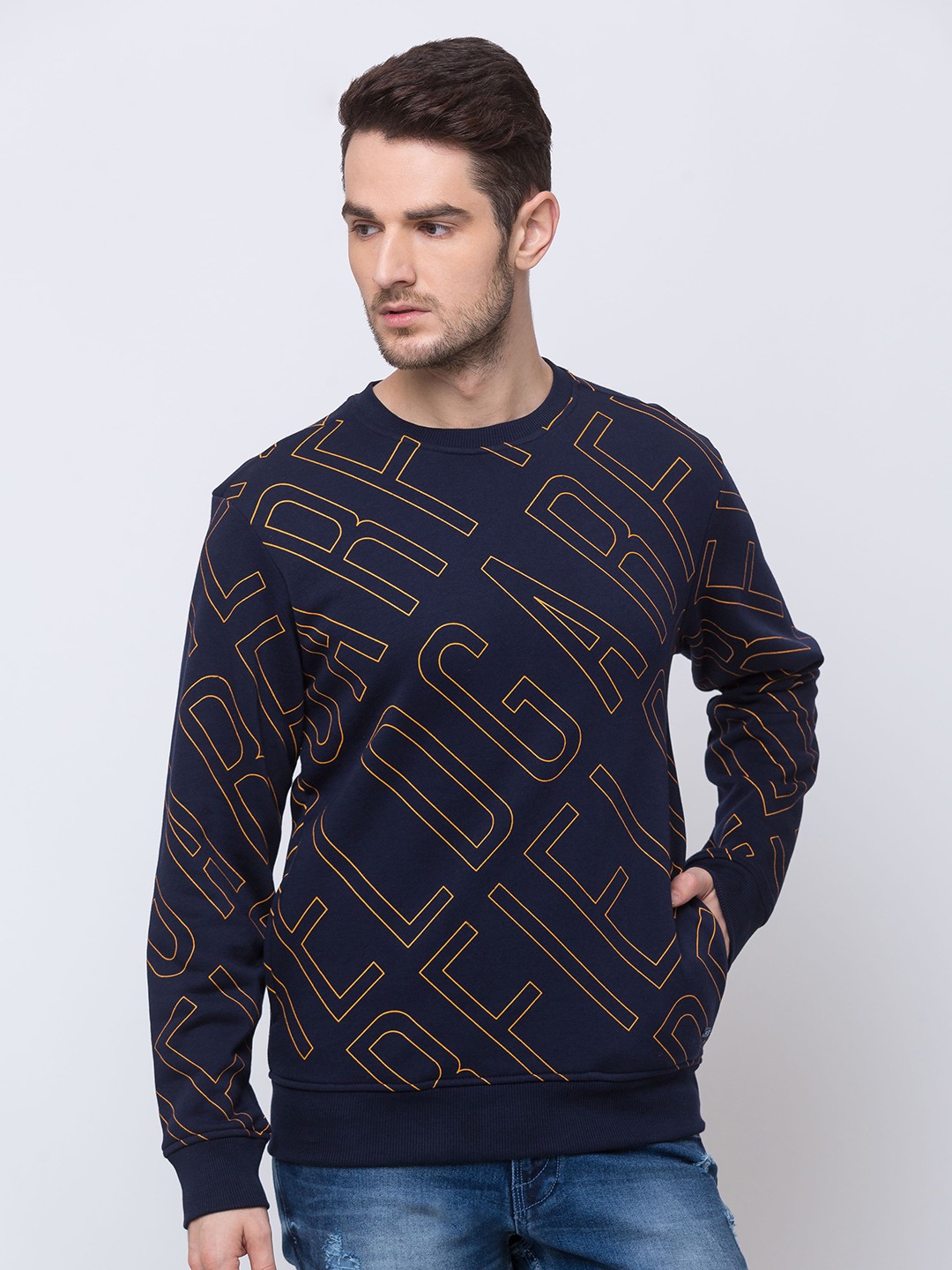 

Status Quo Men Navy Blue Printed Cotton Sweatshirt