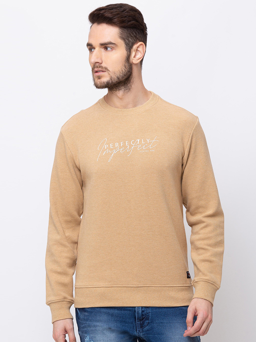 

Status Quo Men Beige Printed Cotton Sweatshirt