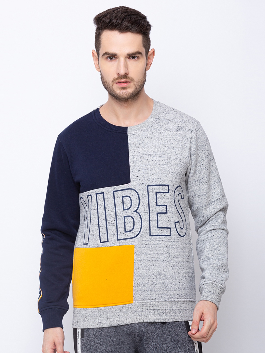 

Status Quo Men Plus Size Navy Blue Colourblocked Cotton Sweatshirt