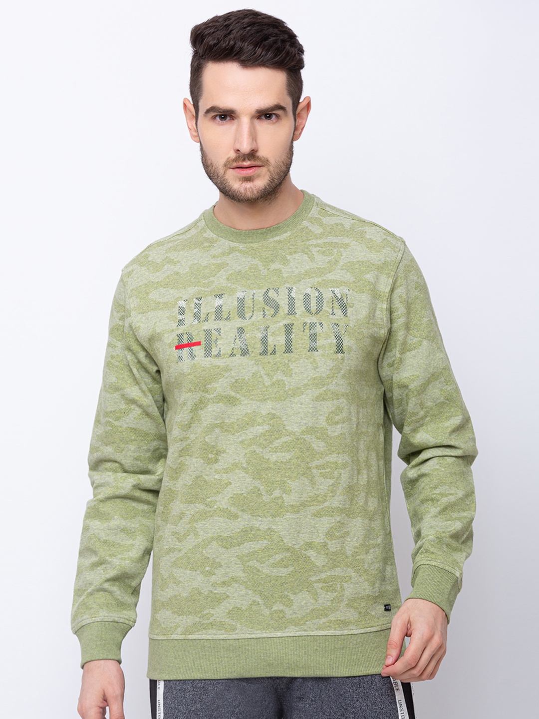 

Status Quo Men Green Printed Cotton Sweatshirt