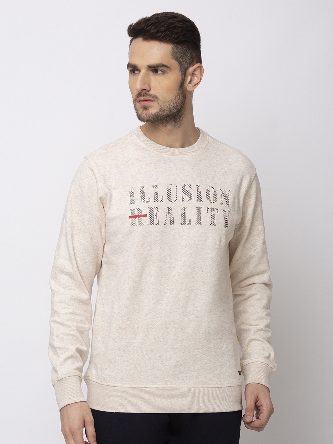 

Status Quo Men Beige Printed Cotton Sweatshirt