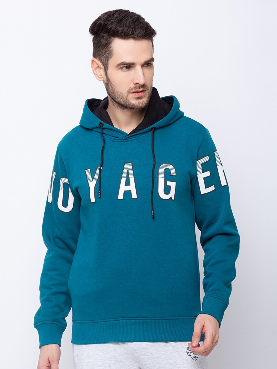 

Status Quo Men Teal Printed Hooded Cotton Sweatshirt