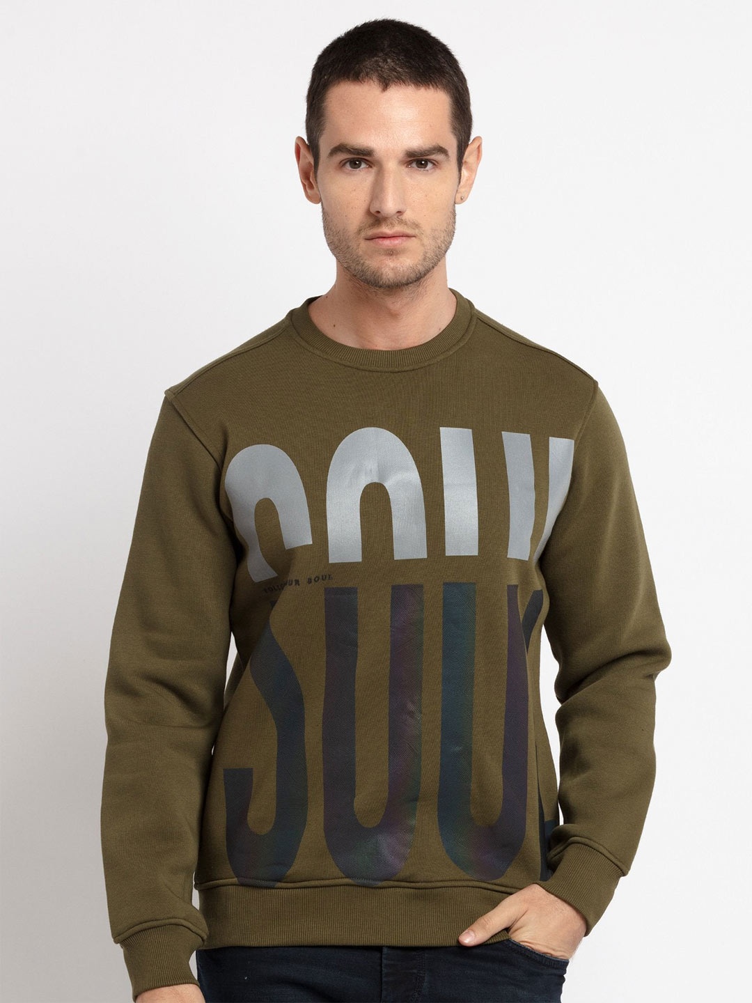 

Status Quo Men Olive Green Printed Cotton Sweatshirt