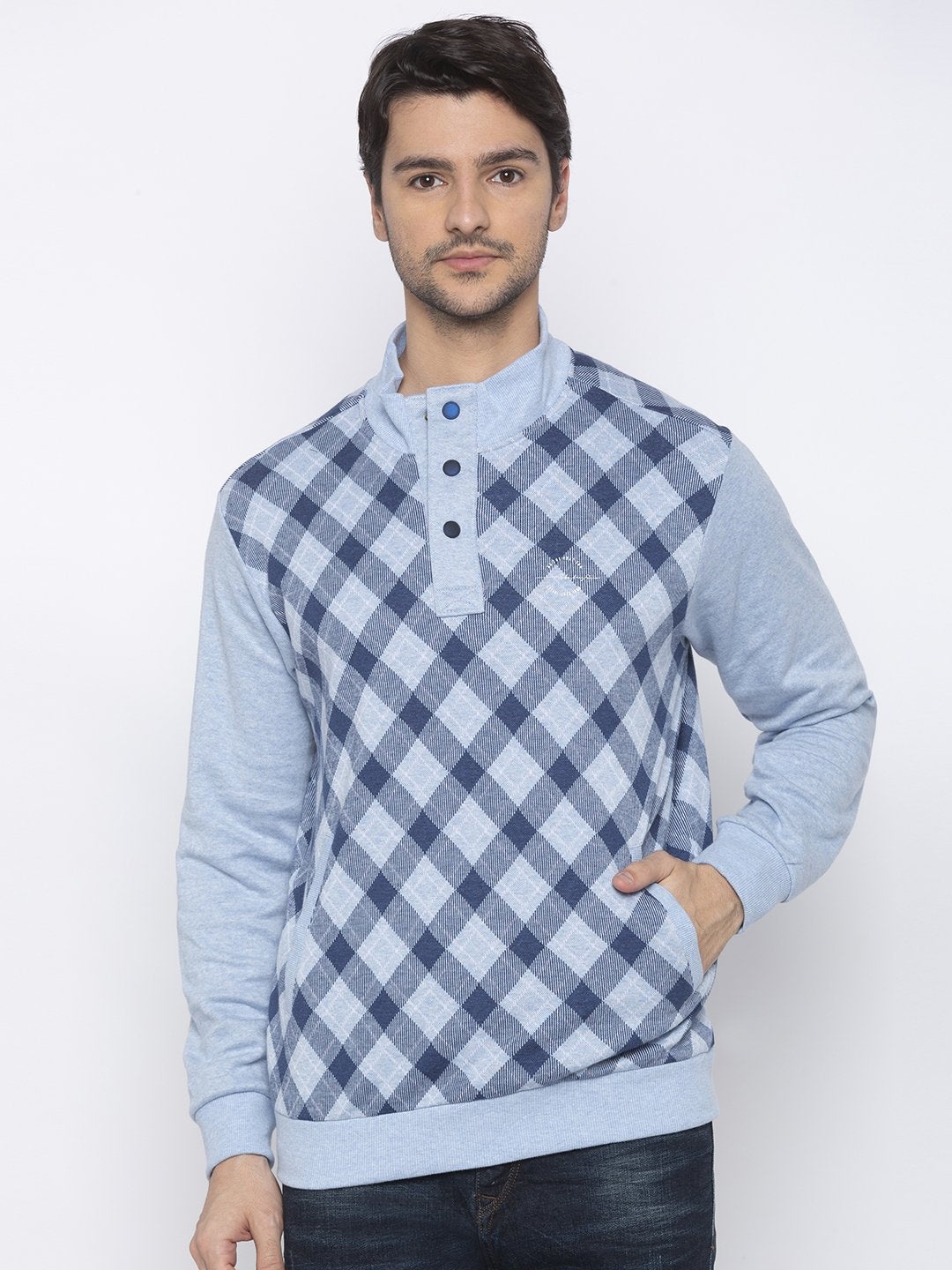 

Status Quo Men Blue Checked Cotton Sweatshirt