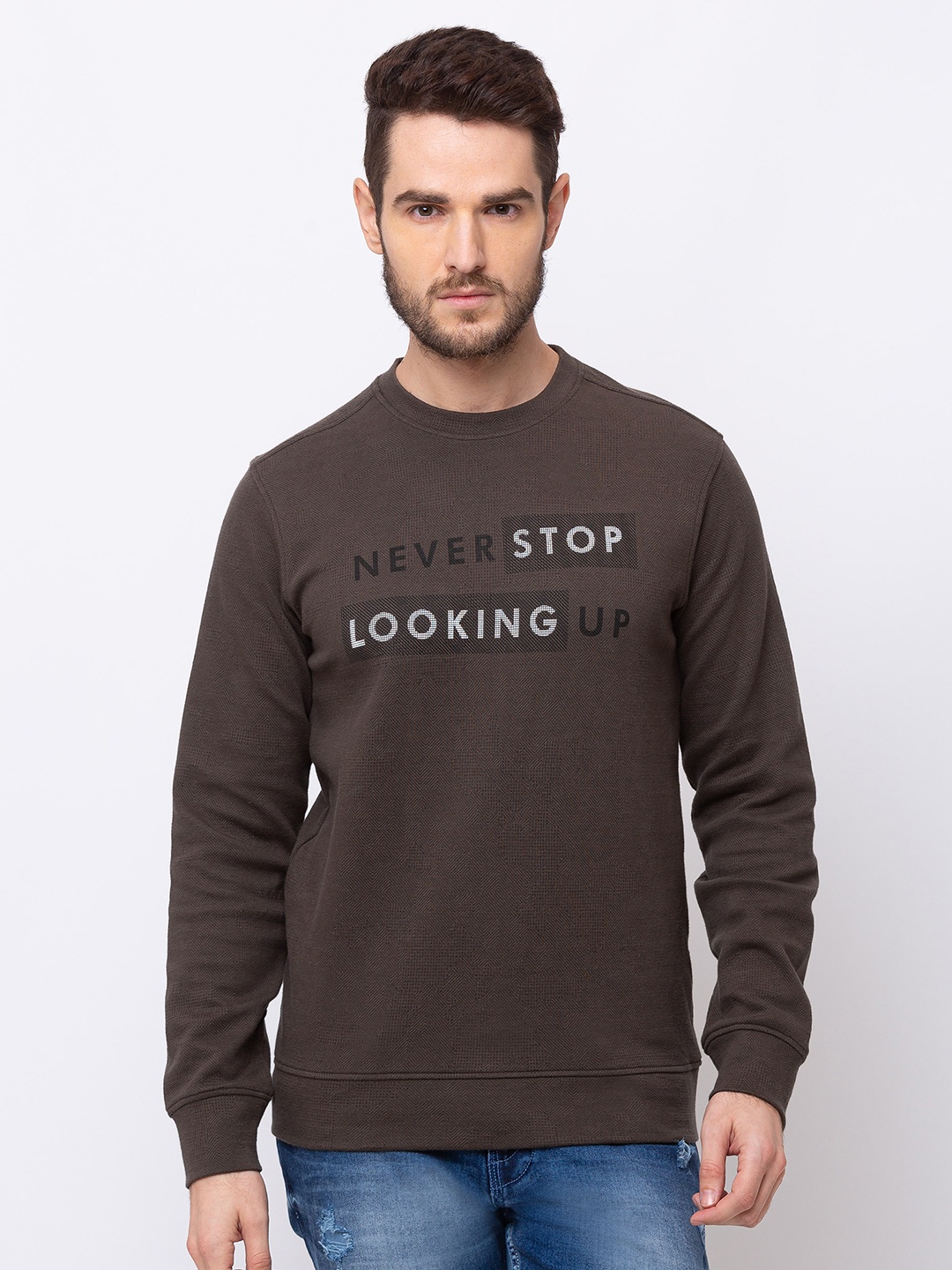 

Status Quo Men Olive Green Printed Cotton Sweatshirt