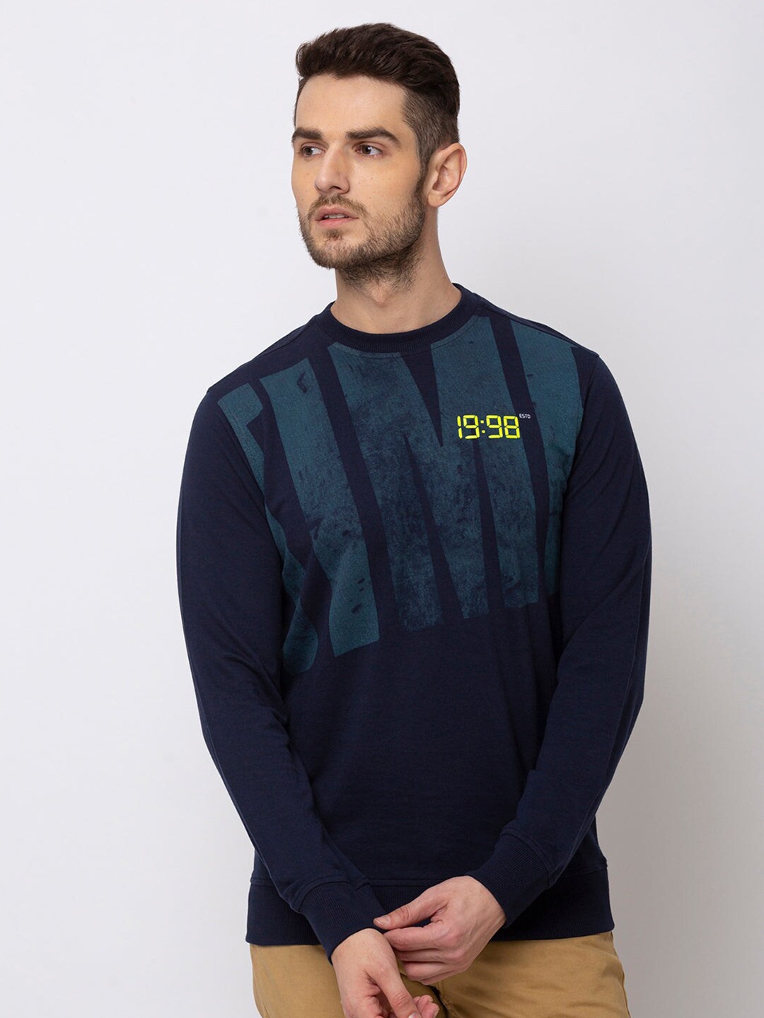 

Status Quo Men Navy Blue Printed Cotton Sweatshirt