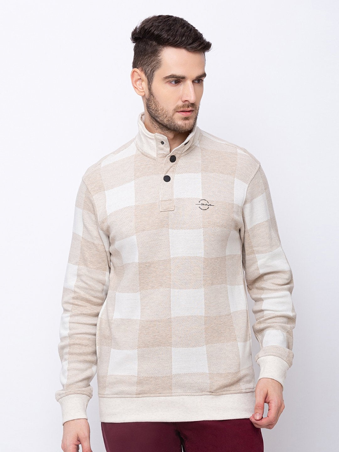 

Status Quo Men Beige Checked Cotton Sweatshirt