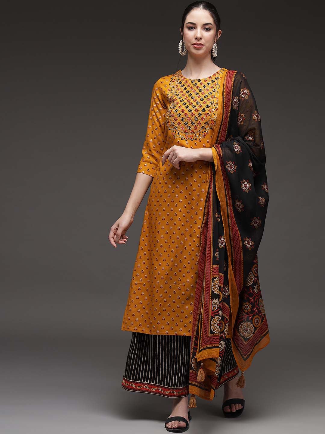 

KALINI Women Mustard Yellow Floral Embroidered Kurta with Palazzos & With Dupatta