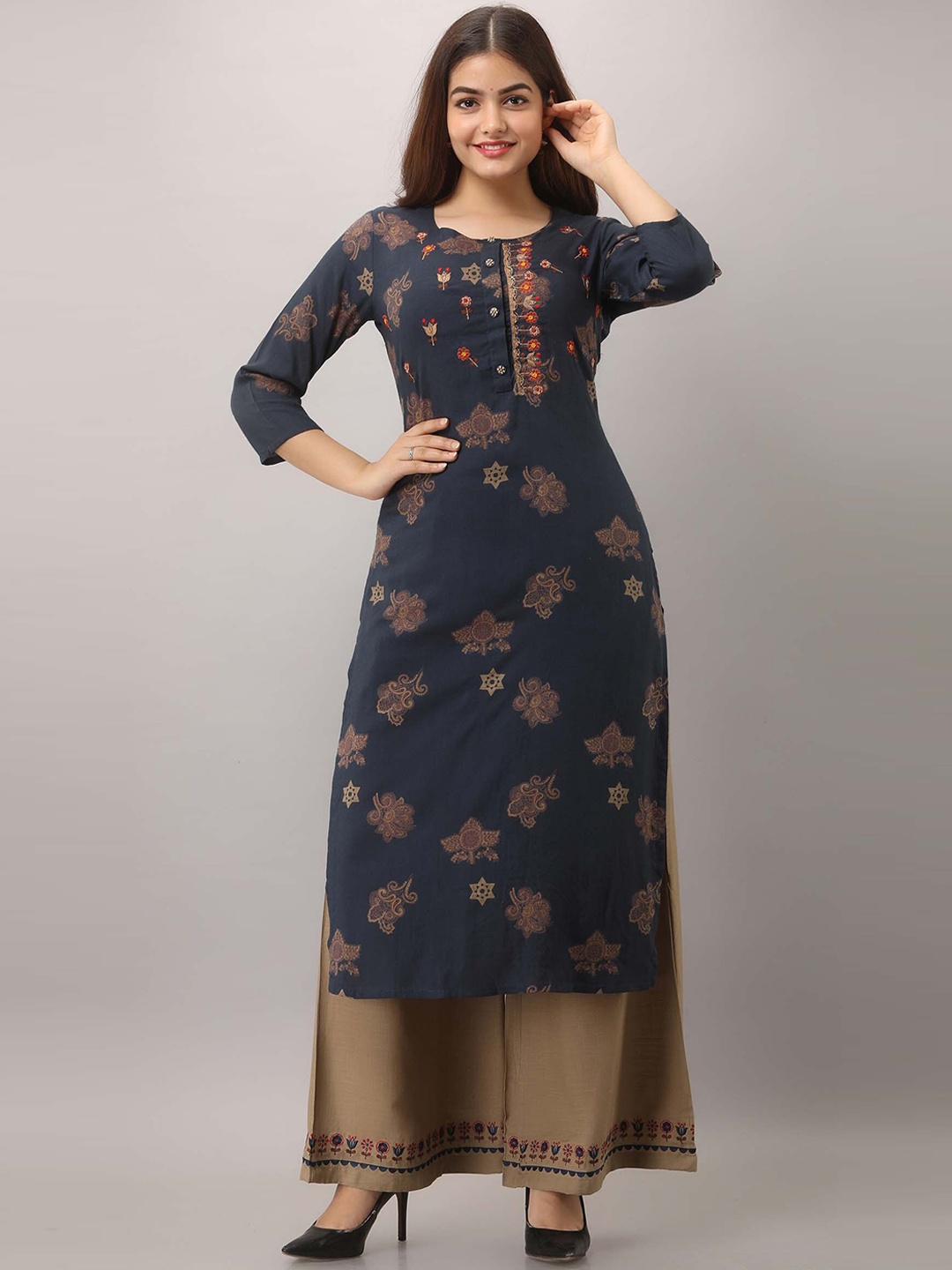 

KALINI Women Navy Blue Floral Printed Thread Work Kurta with Palazzos