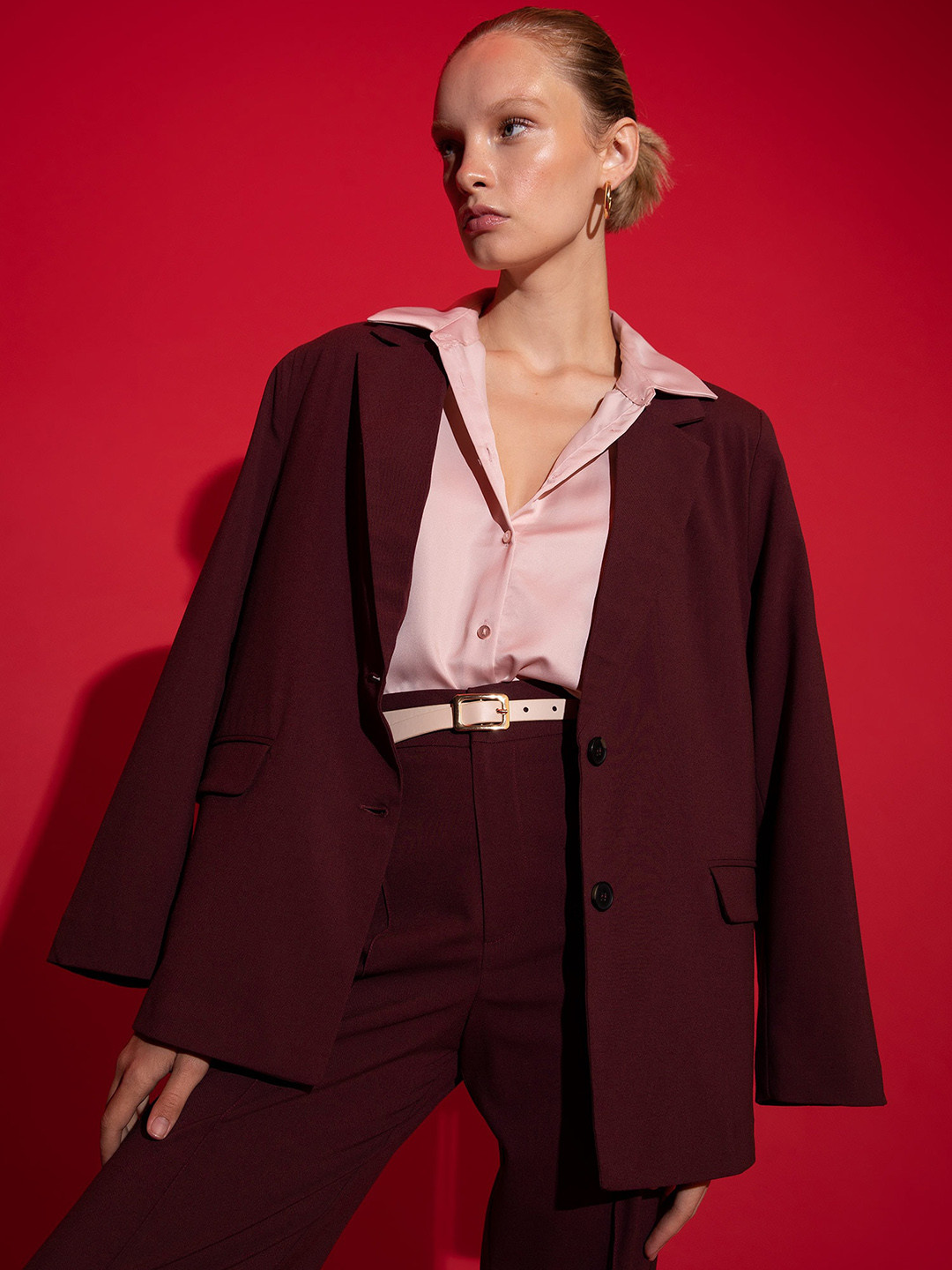 

DeFacto Women Burgundy Solid Single-Breasted Blazer