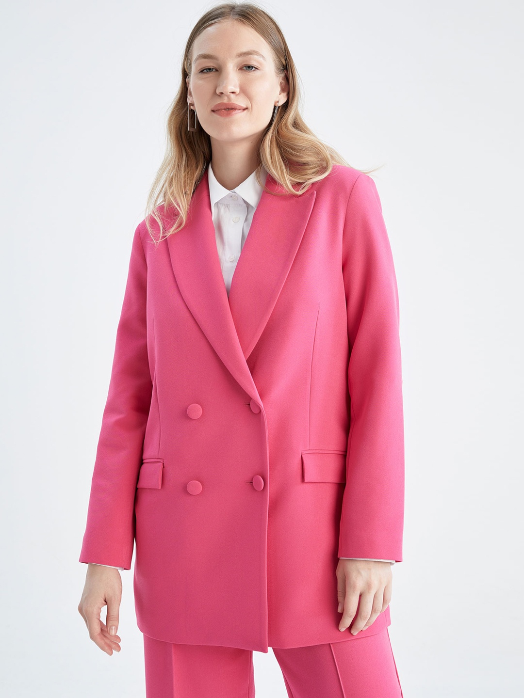 

DeFacto Women Pink Solid Double-Breasted Formal Blazer