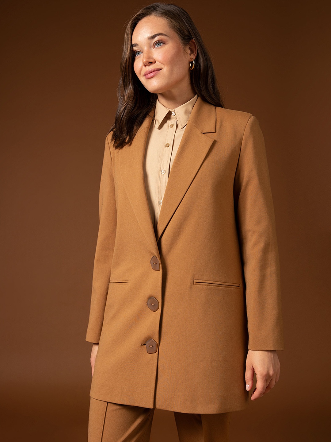 

DeFacto Women Camel Brown Solid Single-Breasted Blazer
