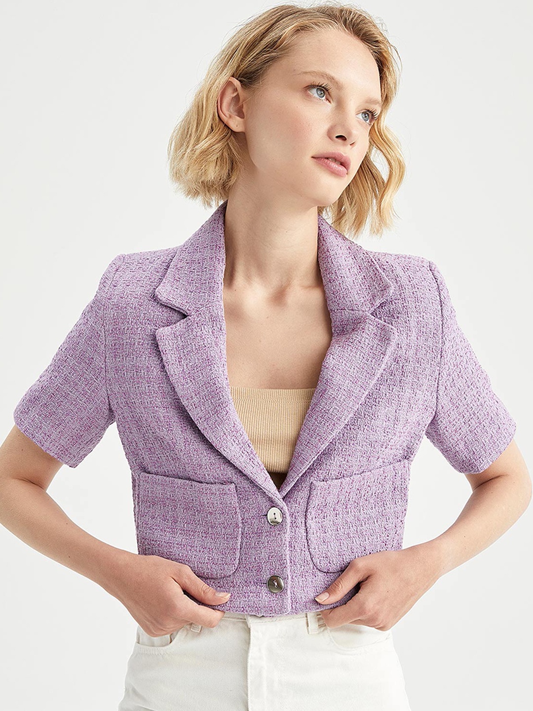 

DeFacto Women Plus Size Purple Self-Design Single-Breasted Crop Blazer
