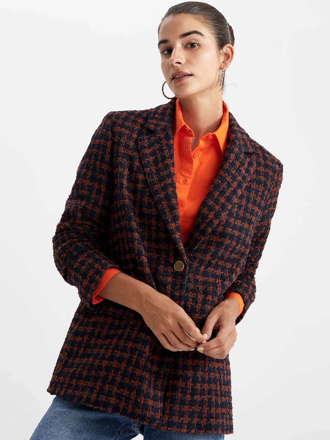 

DeFacto Women Brown Checked Single Breasted Casual Blazer