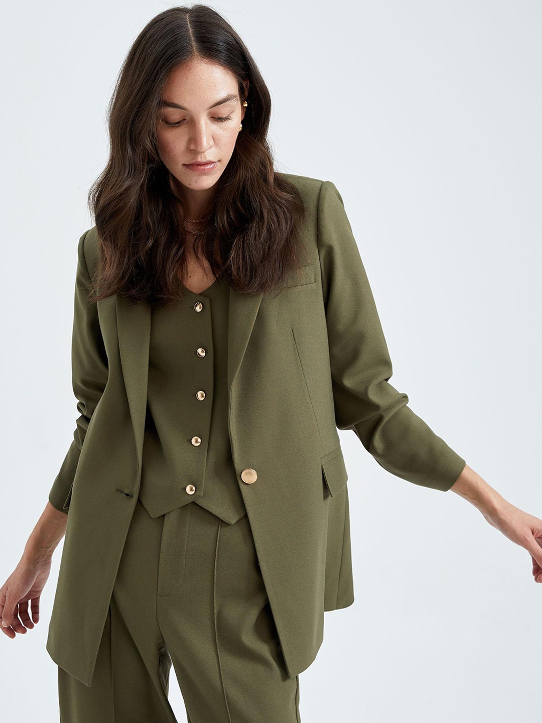 

DeFacto Women Khaki Solid Regular Fit Formal Blazer