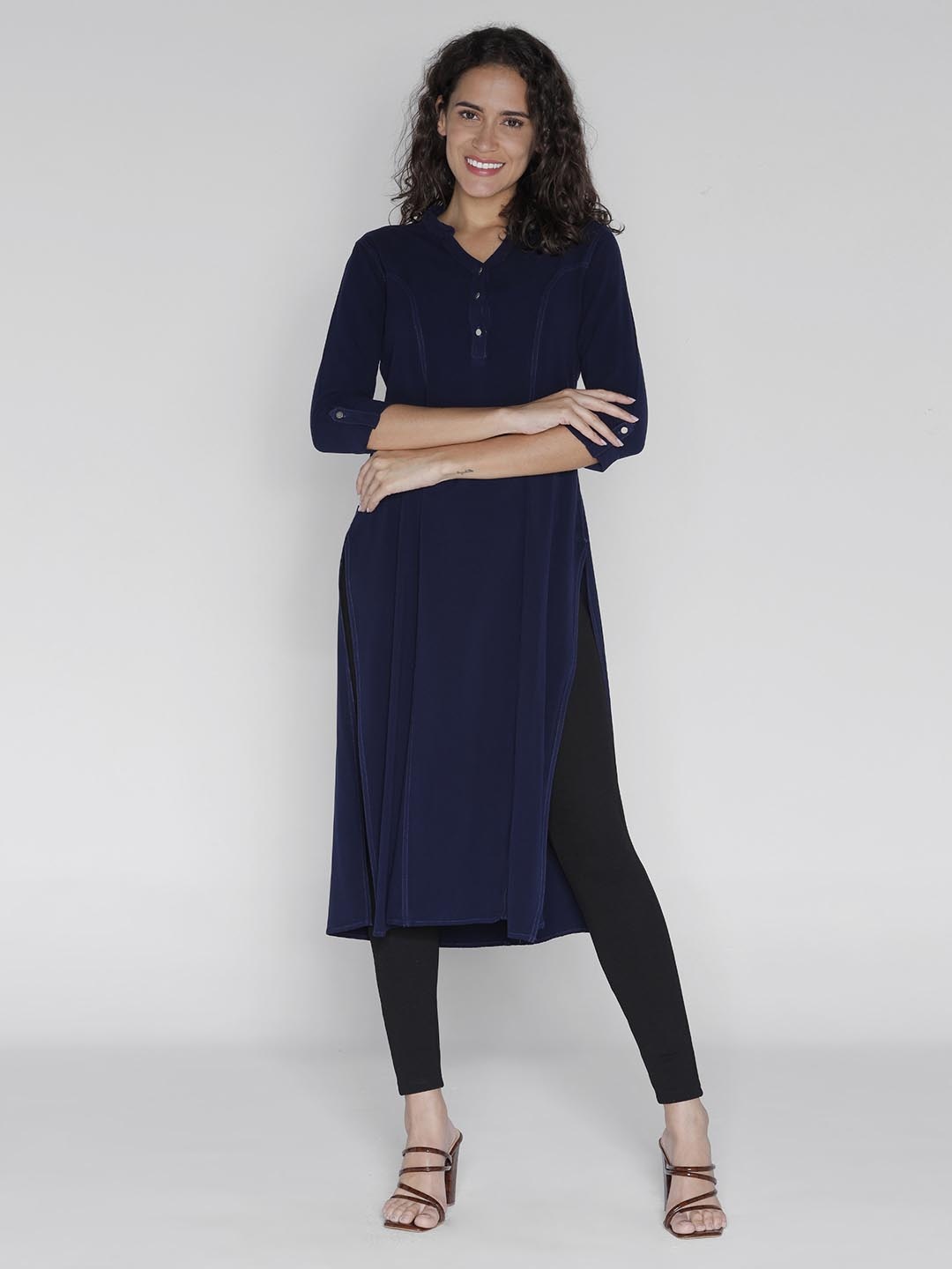 

IDENTITI Women Navy Blue Roll Up Sleeve Kurta