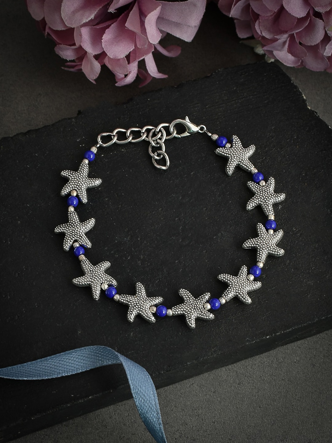 

Silvermerc Designs Unisex Silver & Blue Brass Oxidised Silver Plated Charm Bracelet
