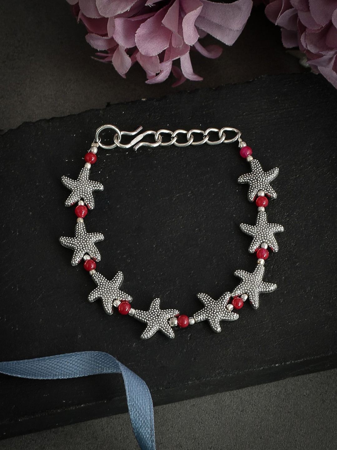 

Silvermerc Designs Unisex Silver & Red Brass Oxidised Silver Plated Charm Bracelet