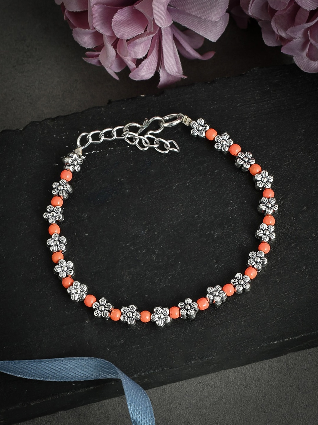 

Silvermerc Designs Unisex Silver-Toned & Peach-Coloured Silver-Plated Charm Bracelet