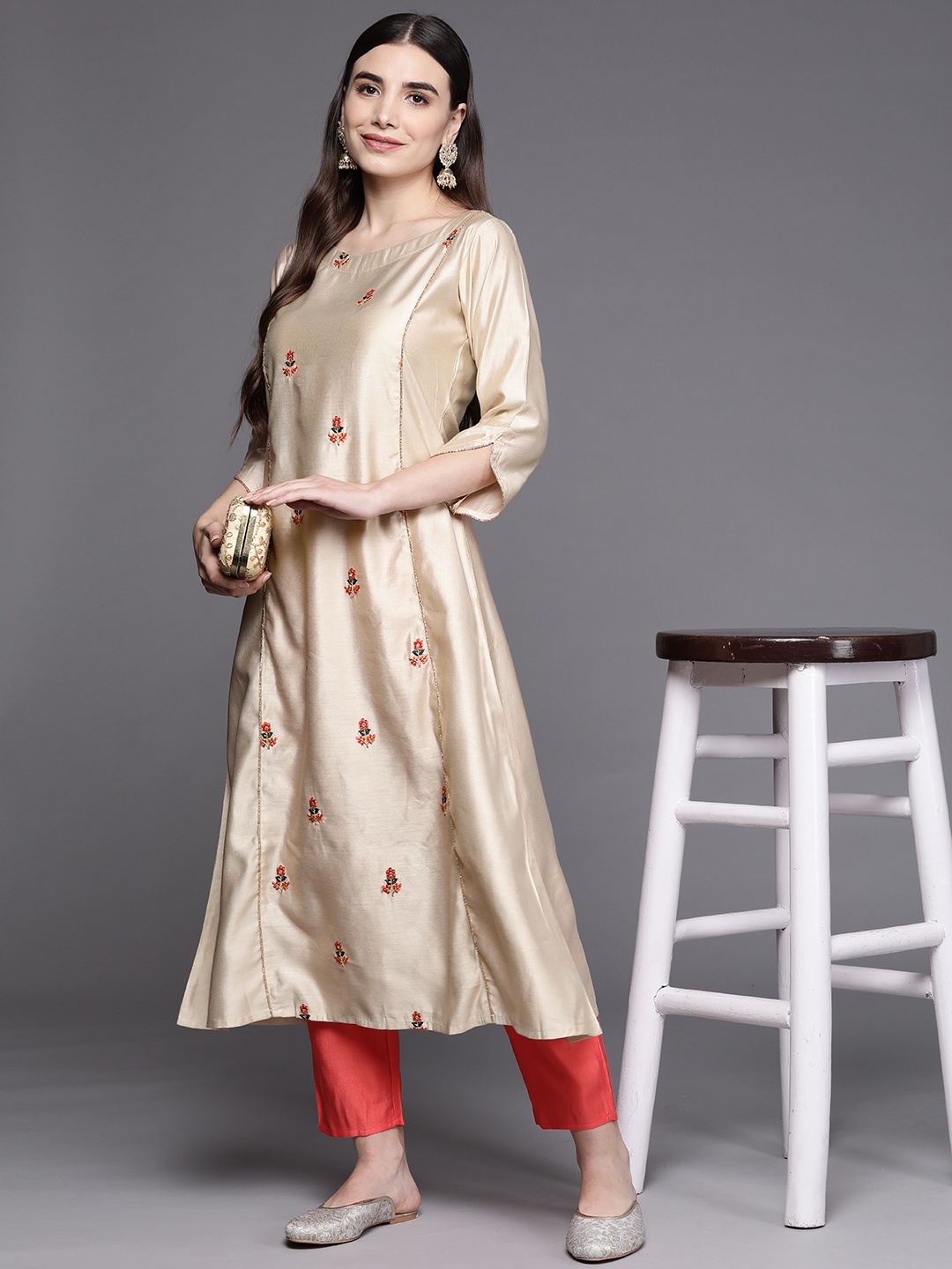 

Indo Era Women Off White Floral Embroidered Sequinned Liva Anarkali Kurta with Trousers