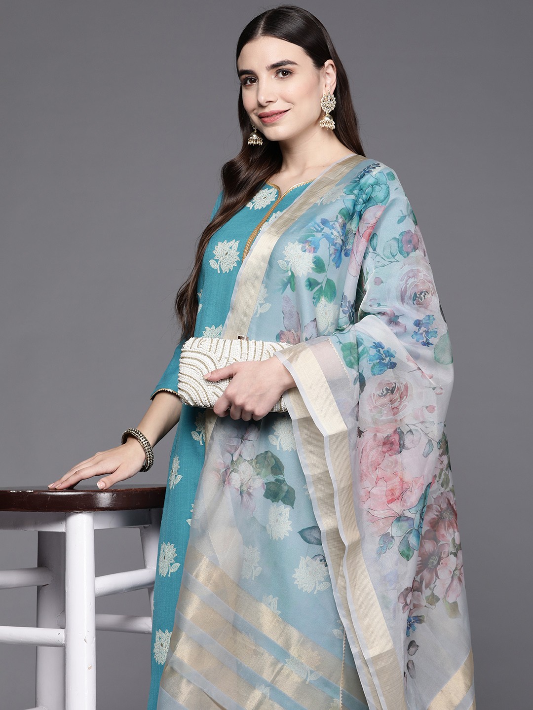 

Indo Era Women Blue Floral Printed Kurta with Palazzos & With Dupatta