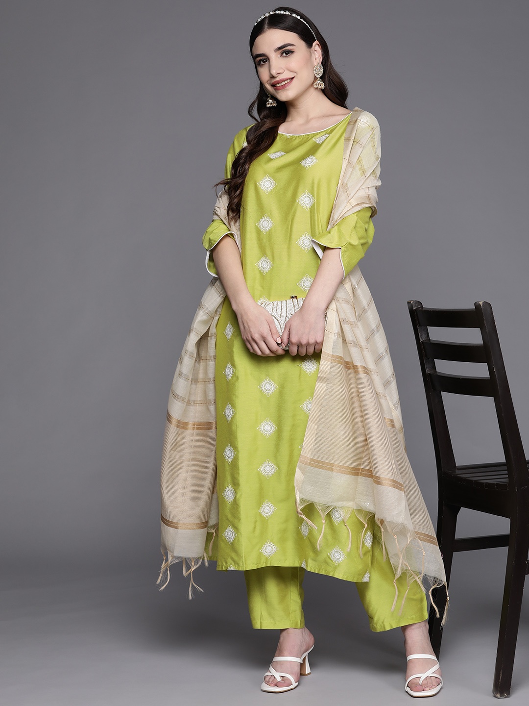 

Indo Era Women Green Ethnic Motifs Embroidered Kurta with Trousers & With Dupatta