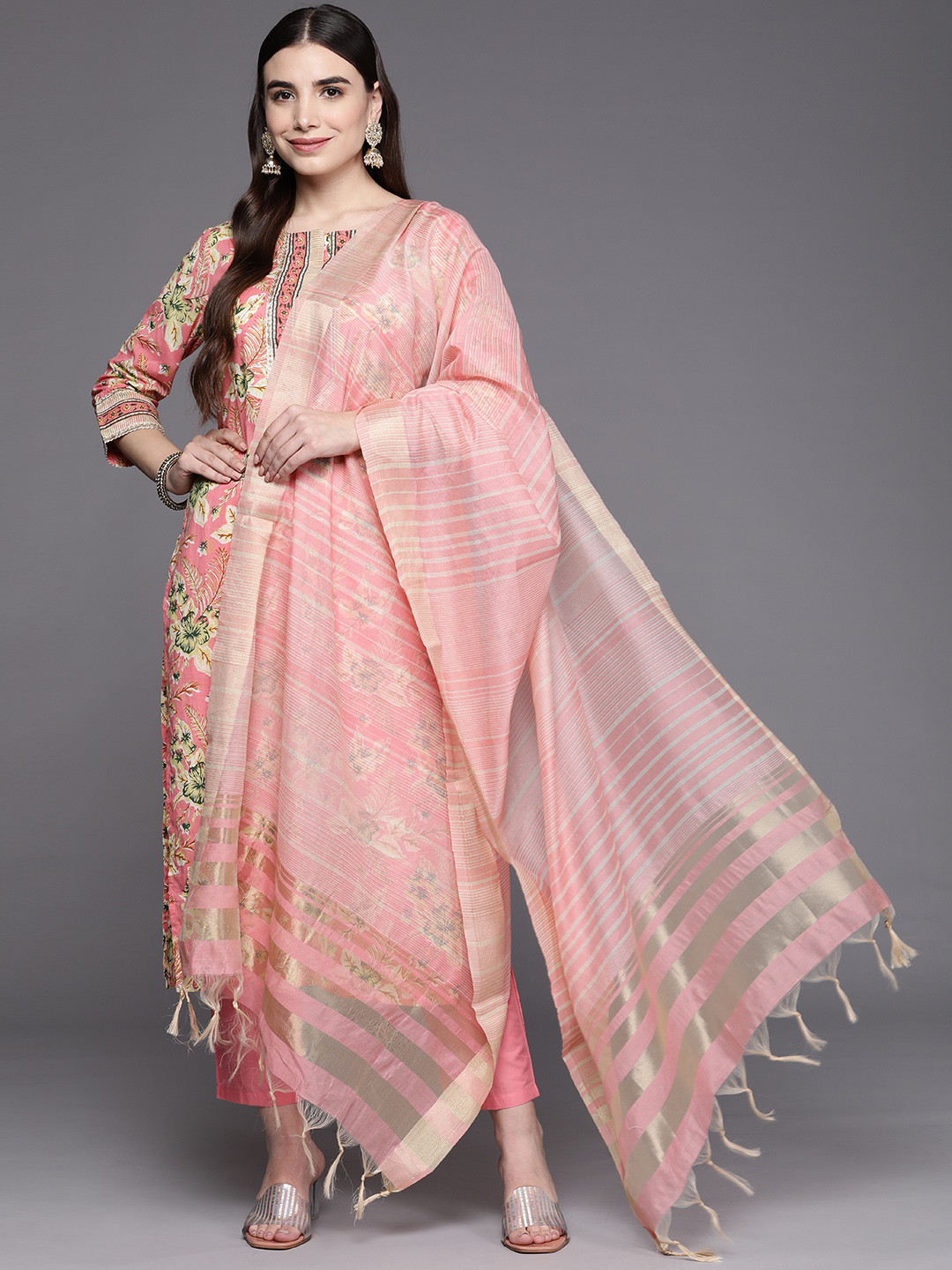 

Indo Era Women Pink Floral Printed Kurta with Palazzos & With Dupatta