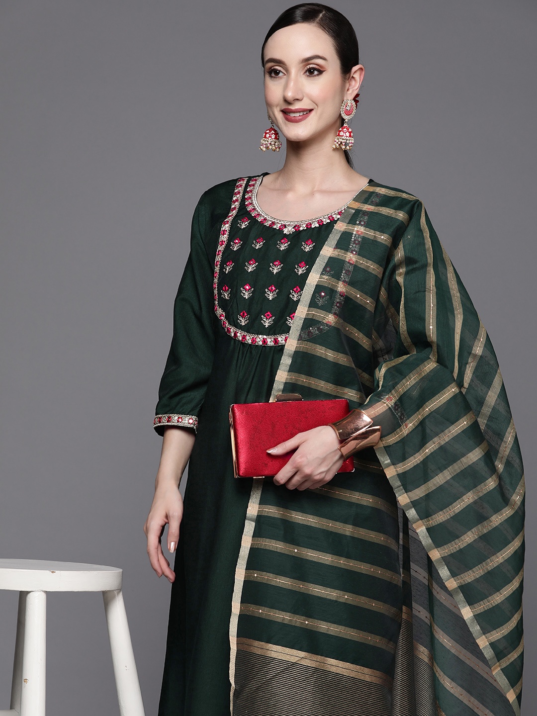 

Indo Era Women Green Floral Yoke Design Mirror Work Kurta with Palazzos & With Dupatta