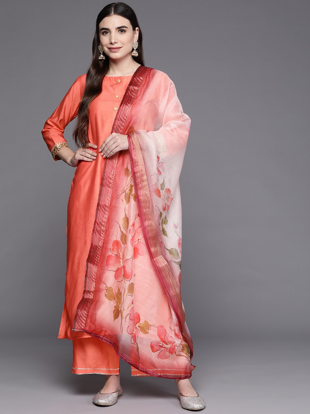 

Indo Era Women Pink Floral Pure Cotton Kurta with Palazzos & With Dupatta