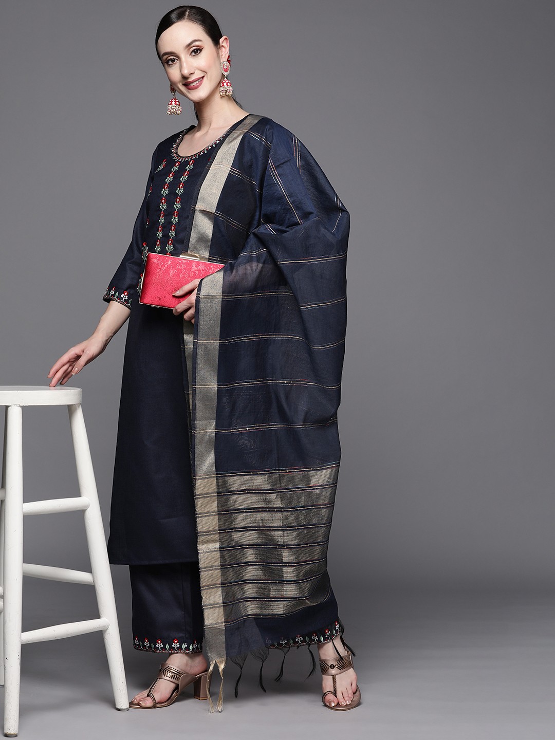 

Indo Era Women Navy Blue Floral Yoke Design Kurta with Palazzos & With Dupatta