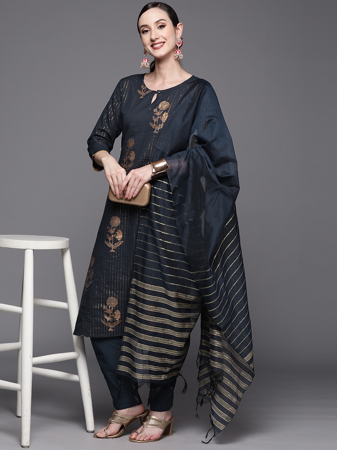 

Indo Era Women Navy Blue Floral Printed Pure Cotton Kurta with Trousers & With Dupatta