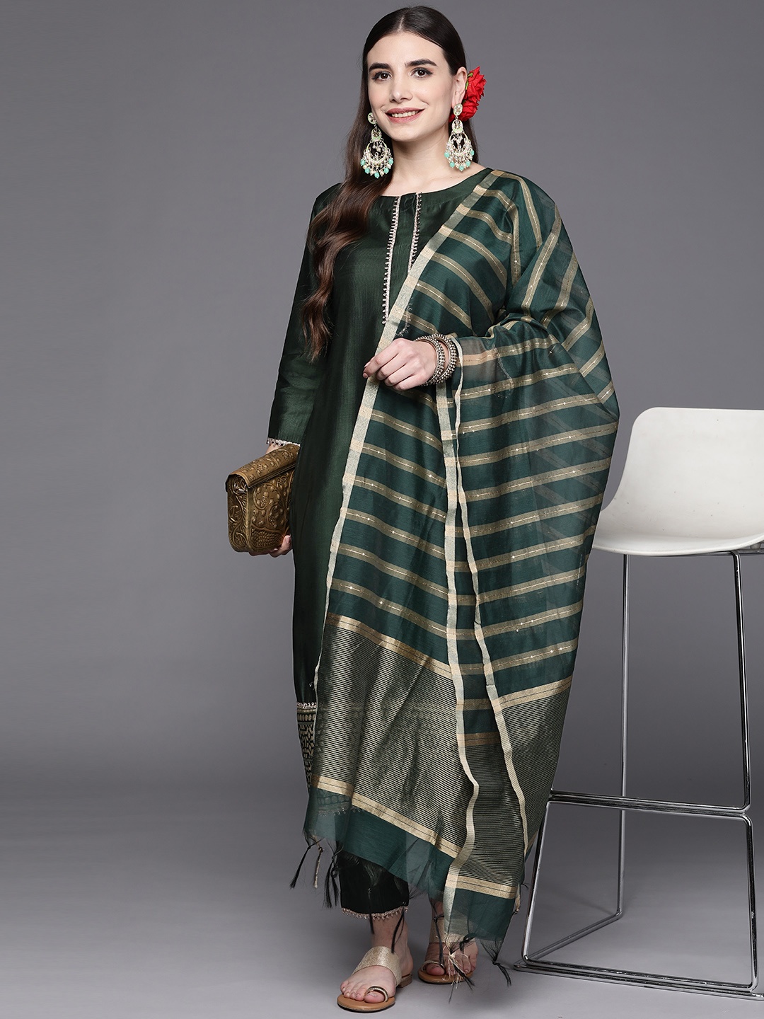 

Indo Era Women Green Yoke Design Gotta Patti Liva Kurta with Trousers & Dupatta