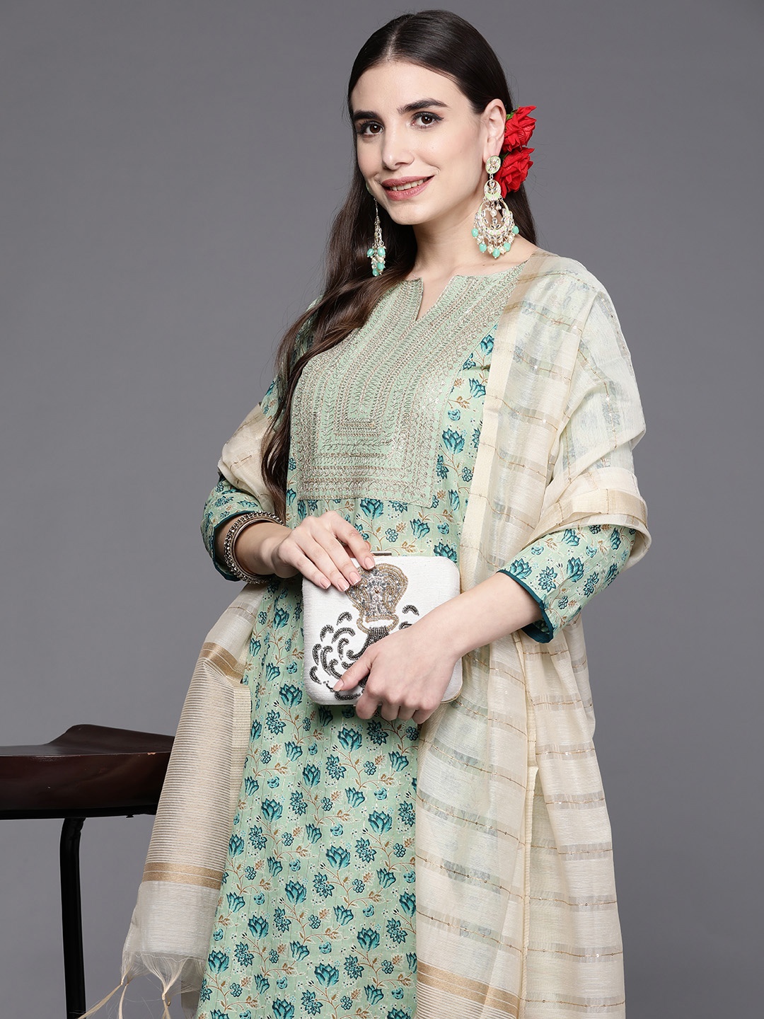 

Indo Era Women Sea Green Ethnic Motifs Printed Kurta with Palazzos & Dupatta