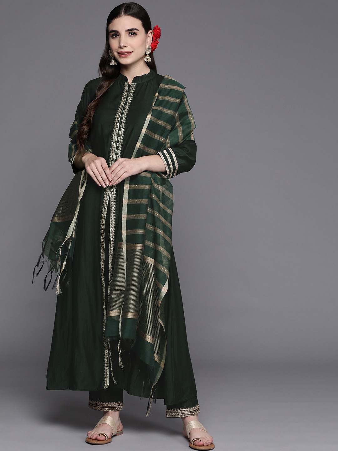 

Indo Era Women Green Embroidered Sequinned Liva Kurta with Trousers & Dupatta