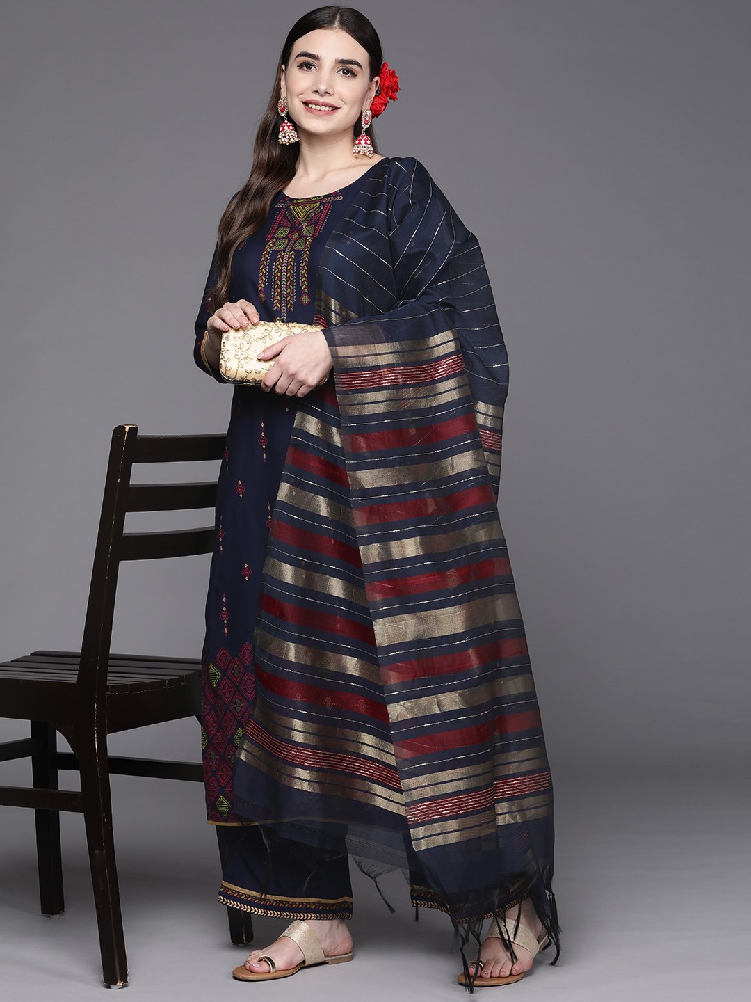 

Indo Era Women Navy Blue Ethnic Motifs Printed Kurta with Palazzos & Dupatta