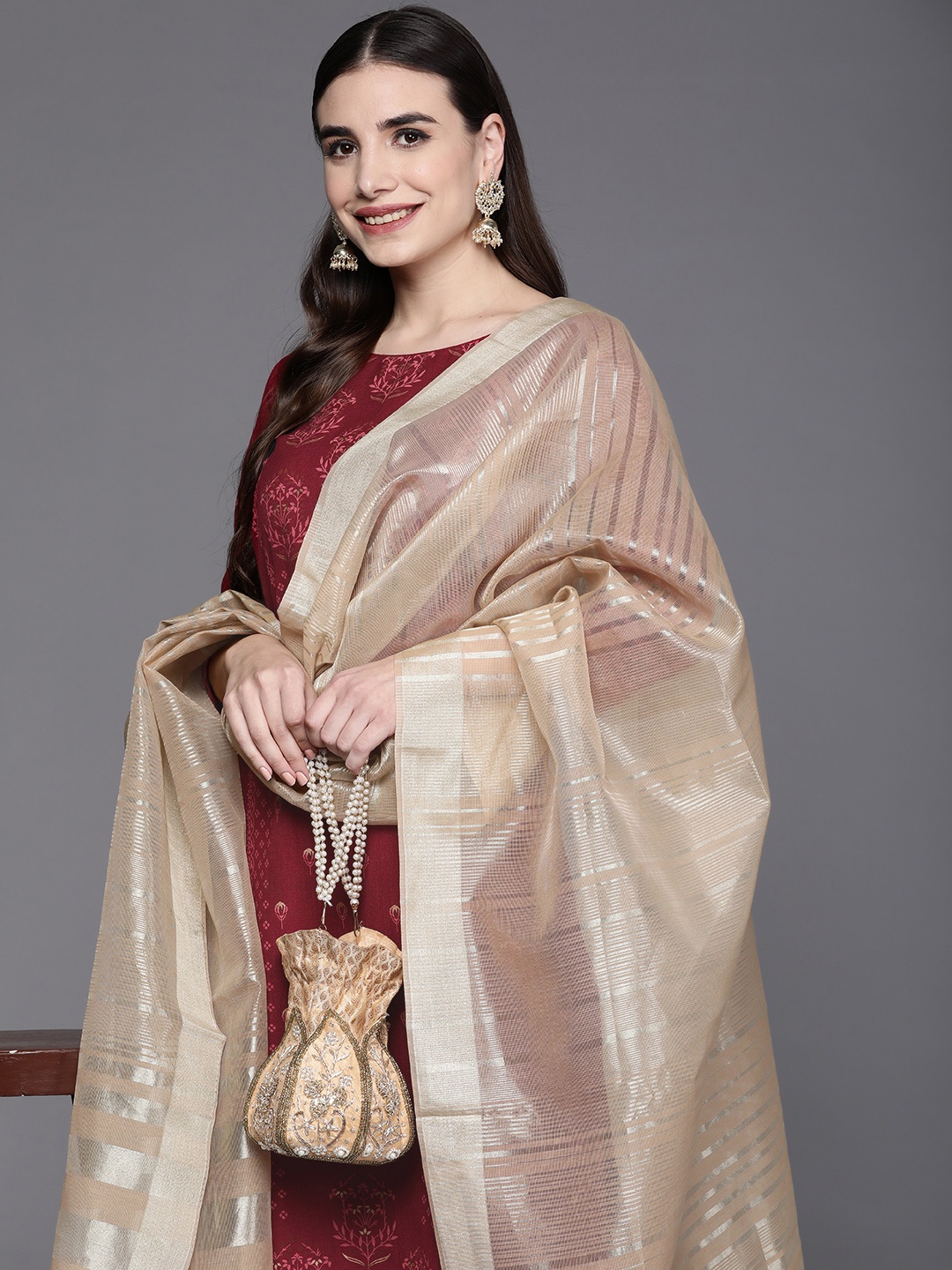 

Indo Era Women Maroon Ethnic Motifs Printed Kurta with Palazzos & Dupatta