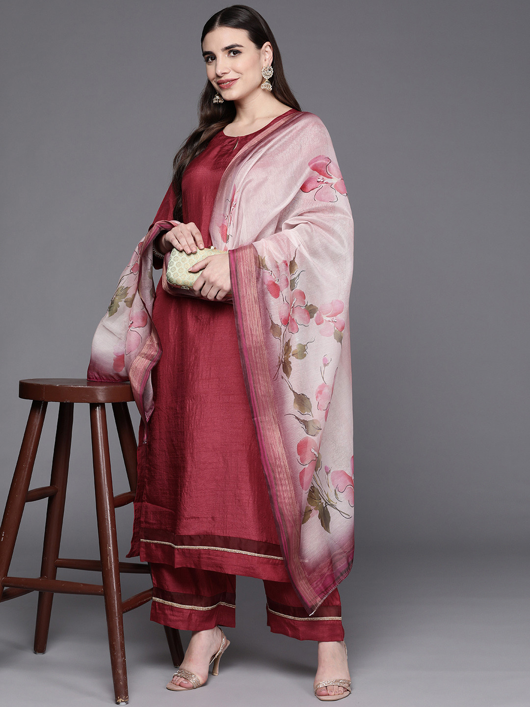 

Indo Era Women Maroon Solid Kurta with Palazzos & Dupatta