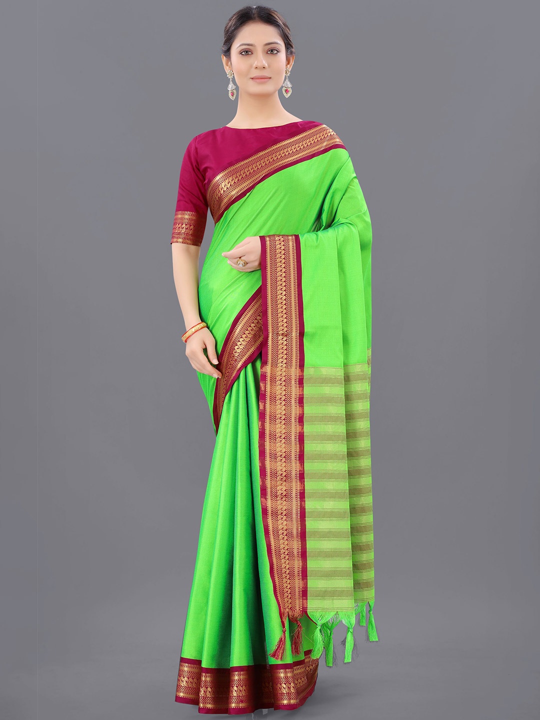 

WILORI Green & Maroon Zari Silk Cotton Mysore Silk Saree