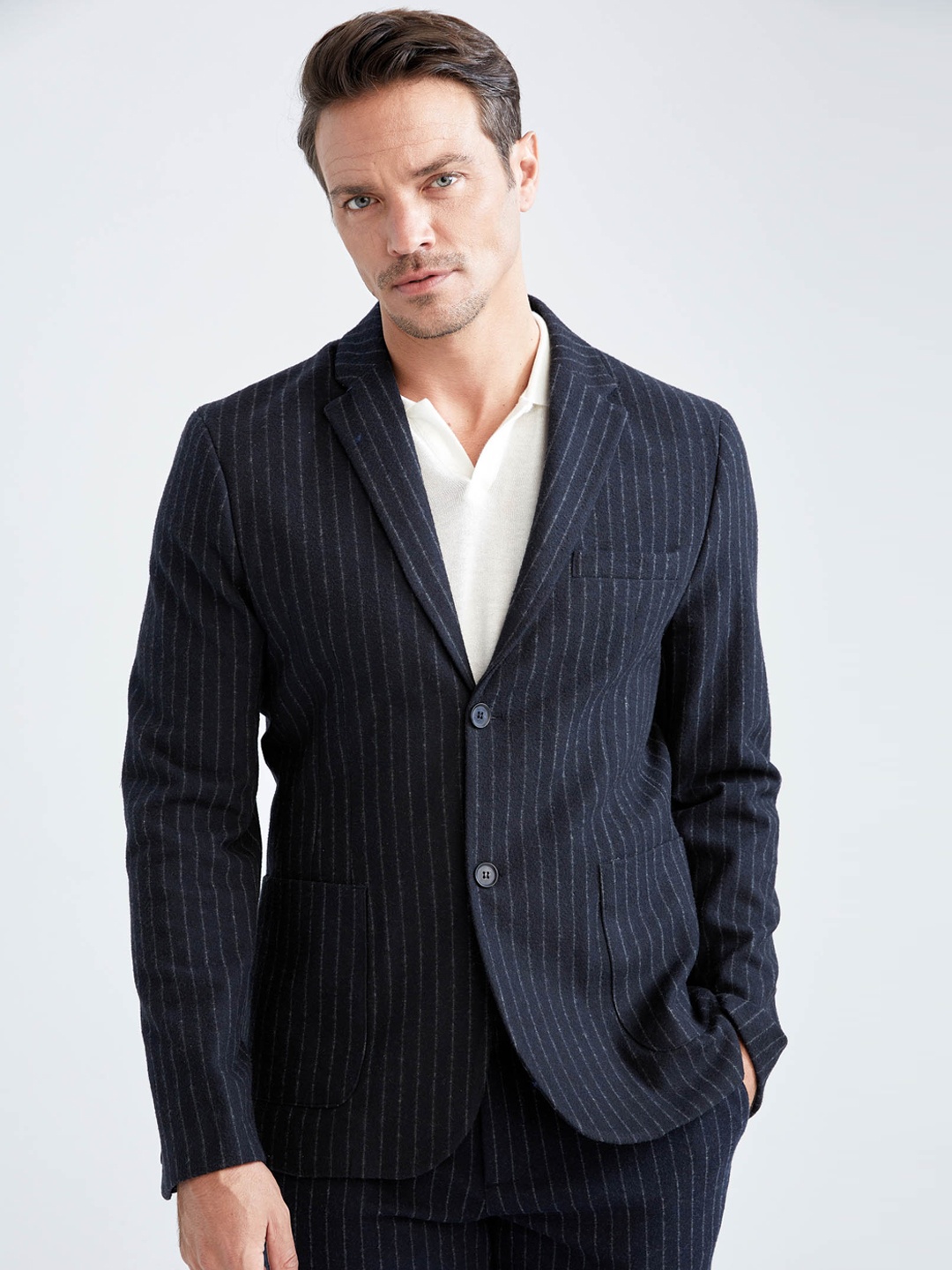 

DeFacto Men Navy Blue Striped Single-Breasted Blazer