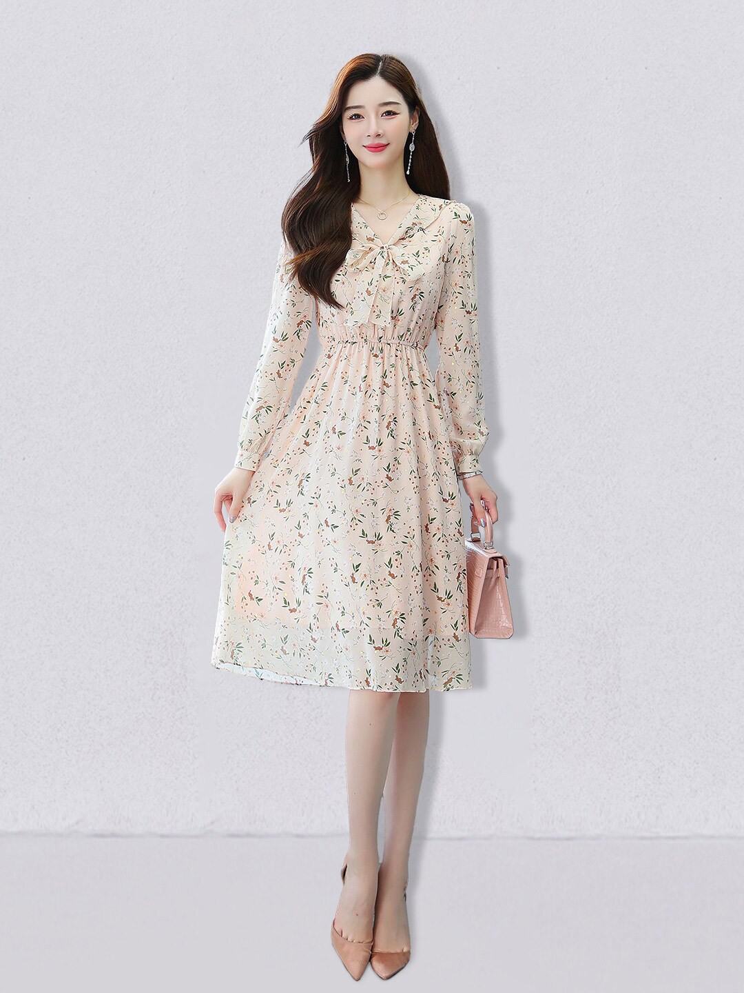

JC Collection Women Beige Tropical Tie-Up Neck Dress