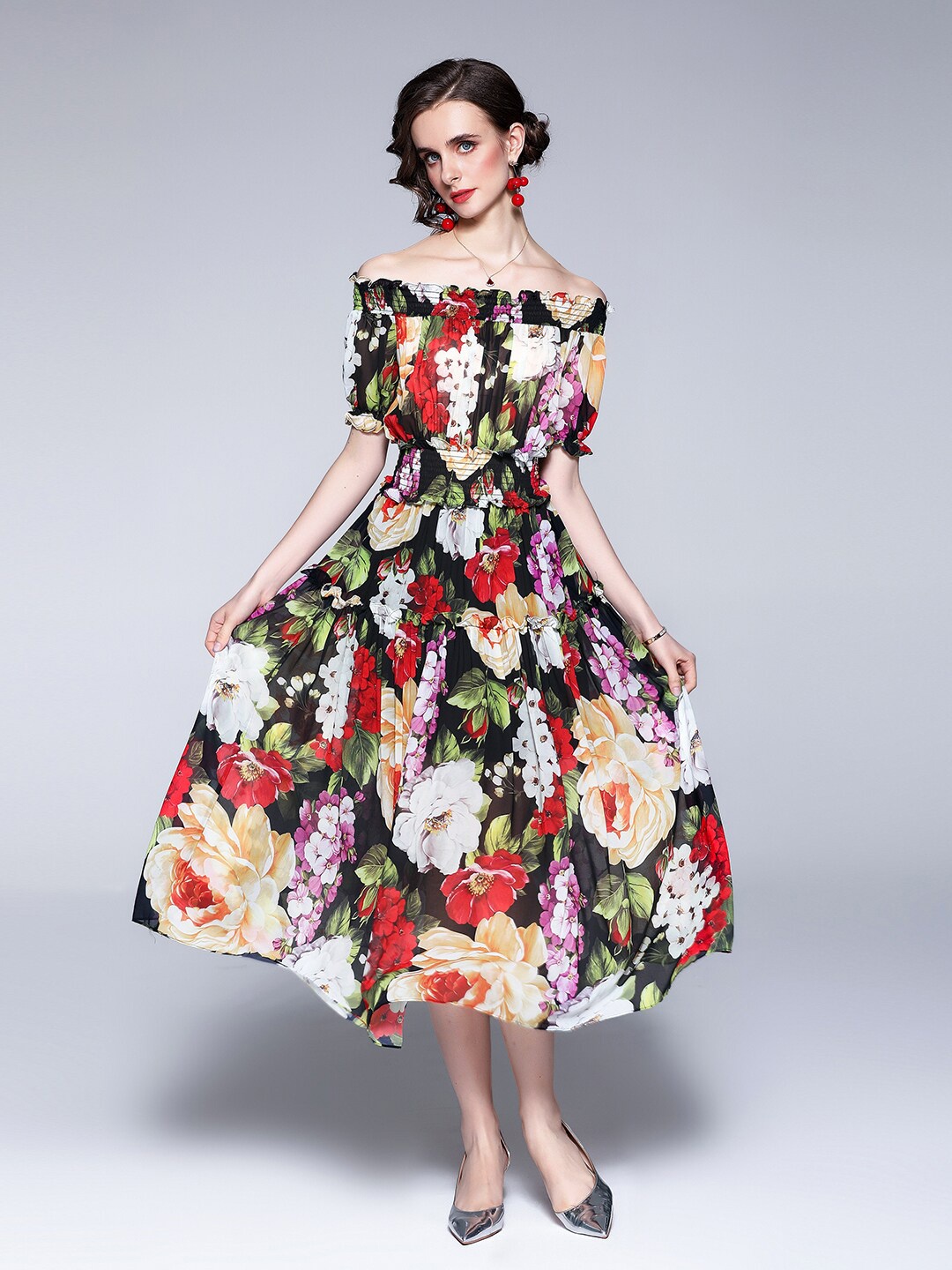 

JC Collection Women Black Floral Off-Shoulder Midi Dress